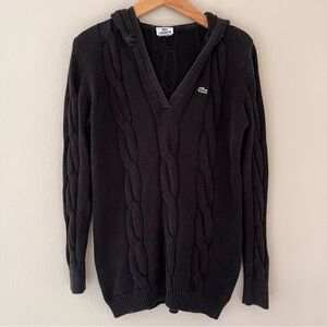 Lacoste Womens Cable Knit Sweater Hood‎ Size 44 XL Logo Preppy Classic Pullover
